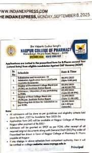 Addmission Notification of Direct Second Year THE INDIAN EXPRESS 8th September 2025